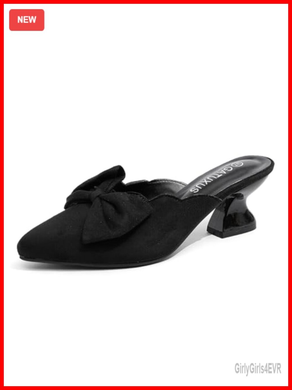 GATUXUS Women's Kitten Low Heels Bow Mules Sandals Pointed Toe Slides